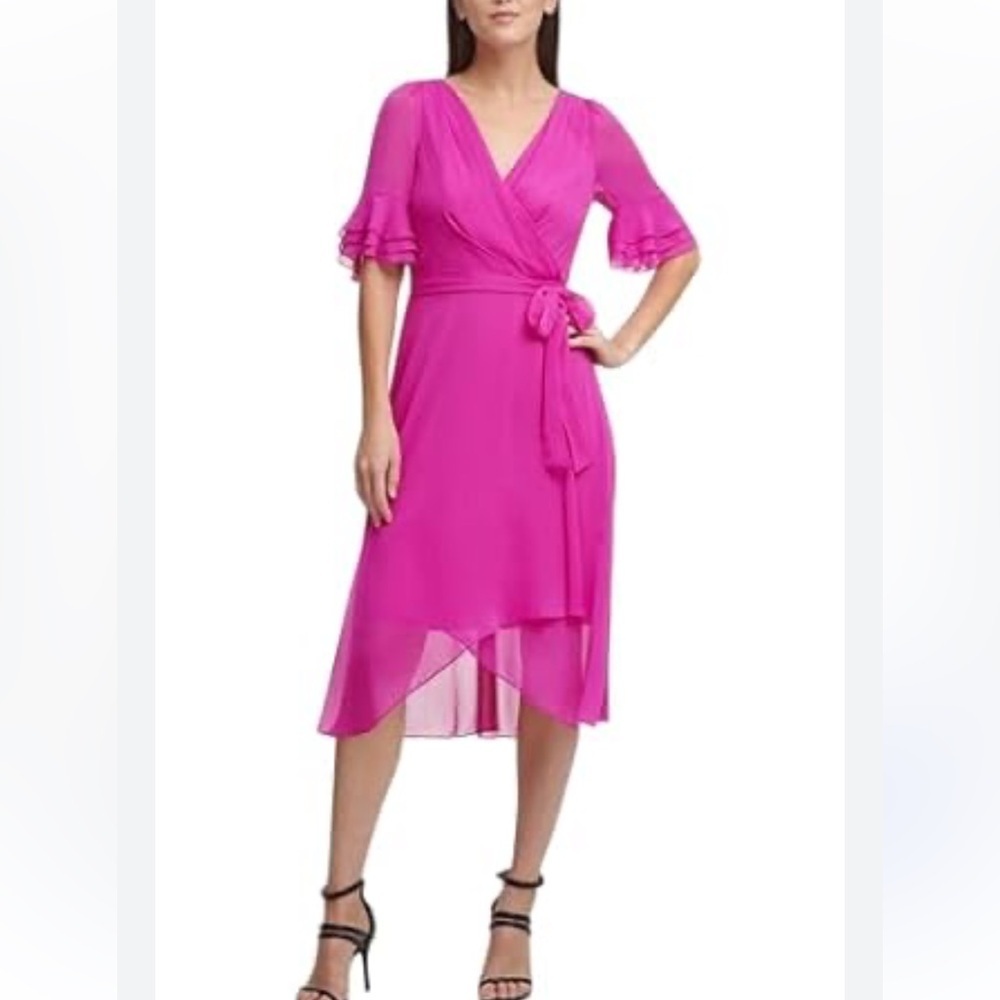 DKNY Fuchsia High Low Wrap Dress flutter sleeves belted